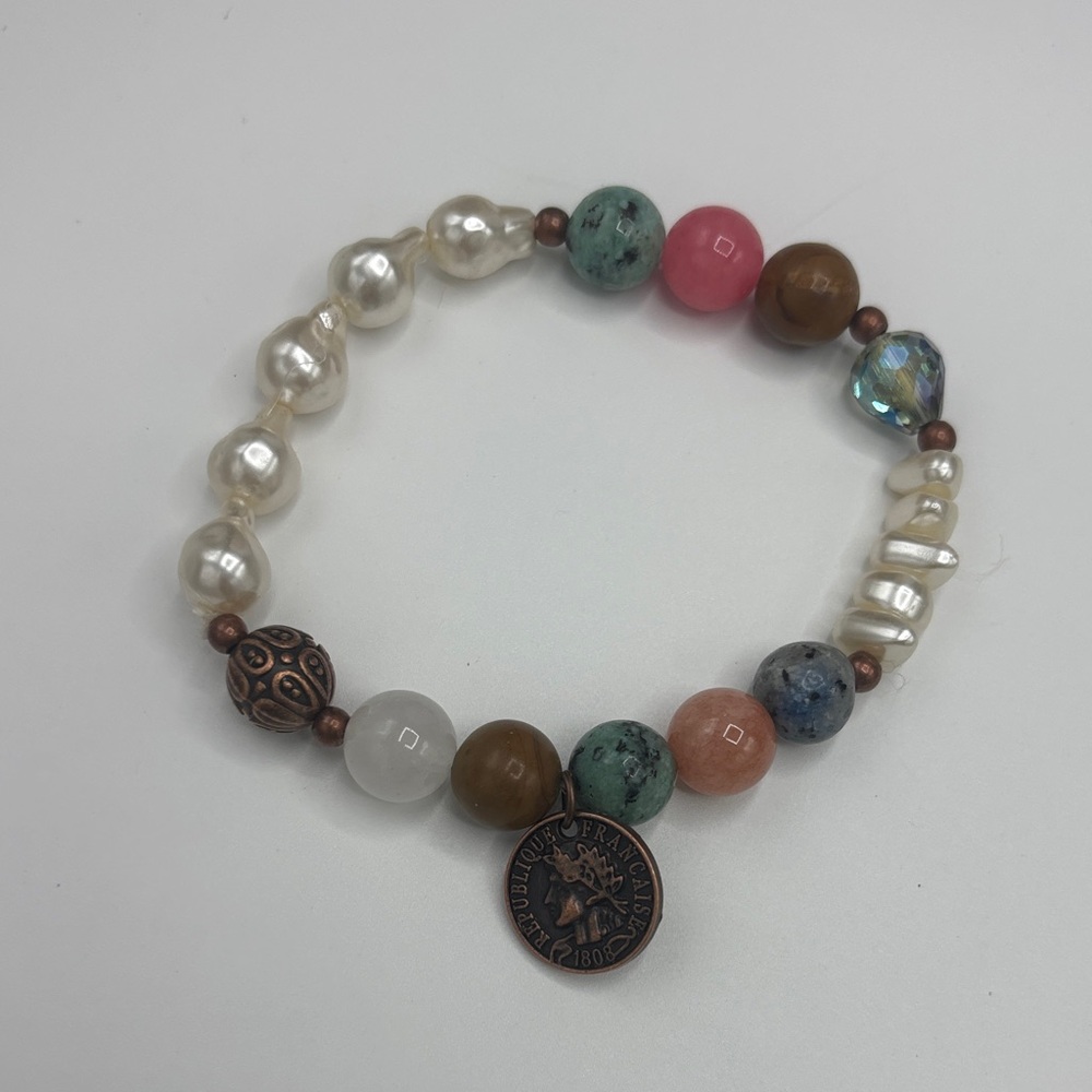 Multicolor Beaded Stretch Bracelet with Coin Charm - Pearl, Pink, Green, Brown